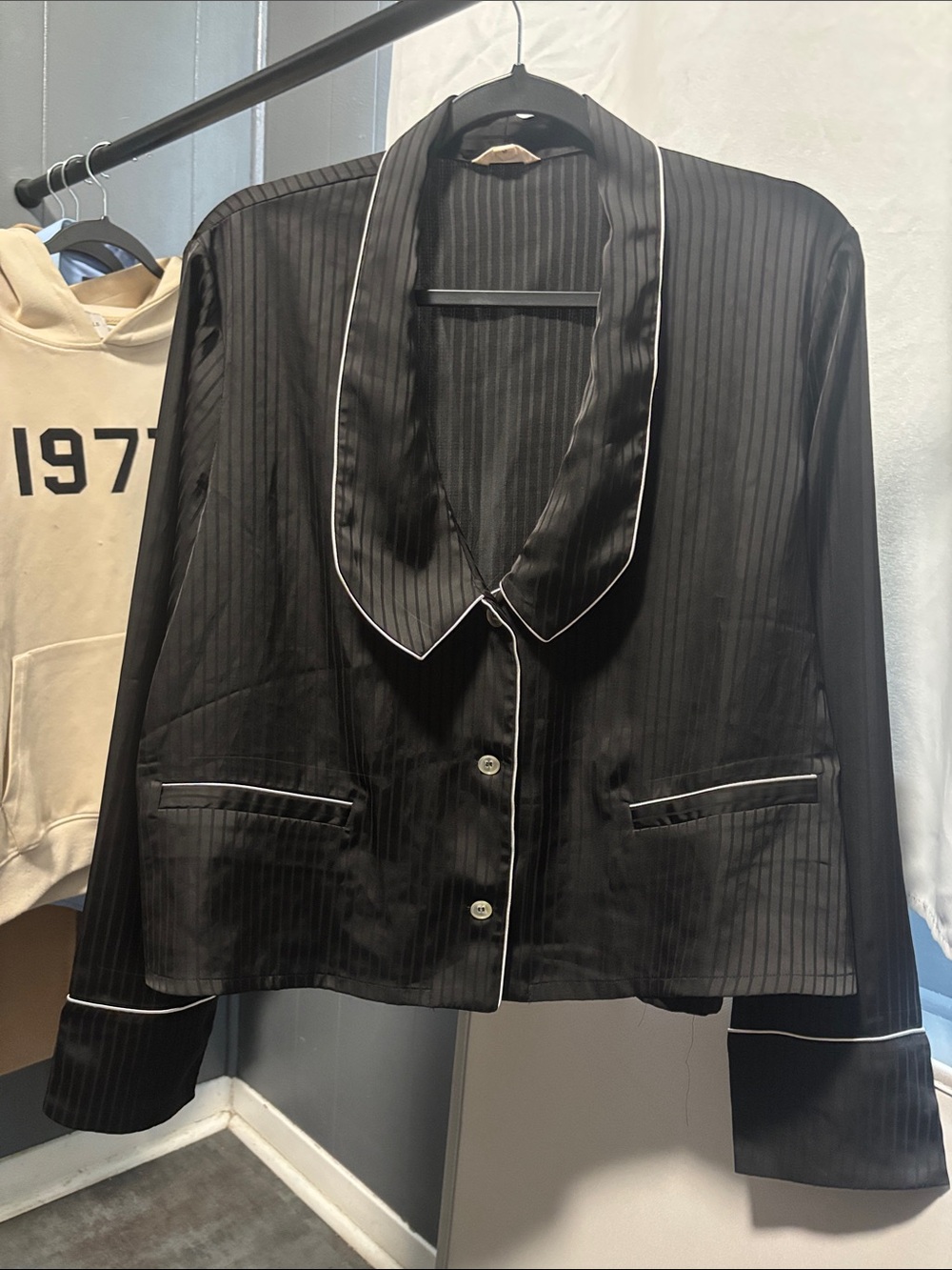 NAP Black Pinstripe Satin Button-Front Pajama Top with White Piping Large